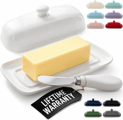 Ceramic Butter Dish with Lid for Countertop & Stainless Steel Knife – Keeps Butter Soft & Fresh – White Butter Dish with Easy-Grip Knob, Durable & Everyday Butter Holder for Home - White1