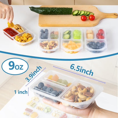9Oz Reusable Snack Containers with Lids for Kid, New 3 Compartment Large Capacity Condiment Portion Control Meal Prep Containers for School Lunch, Go Out Travel, Party (10, 9, Ounces)3