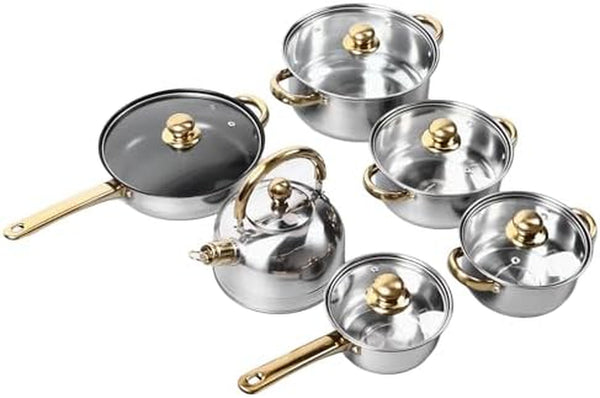 Home Stainless Steel Cookware Sets 12 Piece, Pots and Pans Kitchen Cooking Set with Stay Cool Handles, Dishwasher , Included Milk Pot, Sauce Pan, Fry Pan, Kettle1