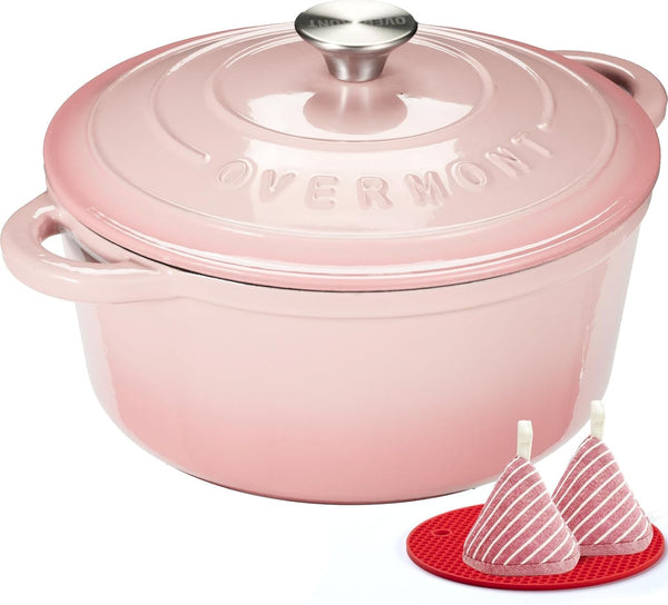 Enameled Cast Iron Dutch Oven - 4.5QT Pot with Lid Cookbook & Cotton Potholders - Heavy-Duty Cookware for Braising, Stews, Roasting, Sourdough Baking Pink1