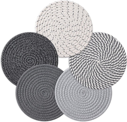 7 Inch Trivets for Hot Dishes, Pot Holders for Kitchen, Hot Pads, Coasters | 5 Pcs, Heat Resistant, 100% Pure Cotton Thread Weave, Hot Mats for Countertop and Table, Kitchen Essentials, Home Decor, Gray1