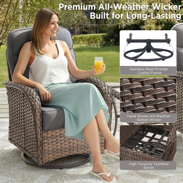 Luxury Outdoor Patio Furniture Set with 6-Inch Thick Cushions, 5 Pieces Wicker Outdoor Furniture with High Back Swivel Patio Chairs Set of 2, Outdoor Conversation Set for Deck Garden Porch, Gray7