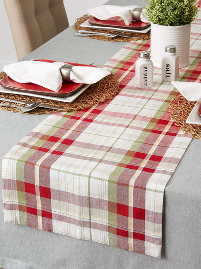 Orchard Plaid Collection Linen Tabletop Essentials, Table Runner, 14X72, Taupe/Red7