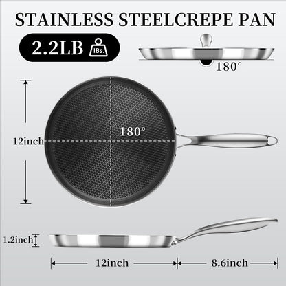 12 Inch Stainless Steel Crepe Pan,Nonstick Dosa Tawa | Honeycomb Nonstick Coating, Pfoa-Free.Compatible with All Stoves. Easy to Clean.Oven Safe&Dishwasher Safe2