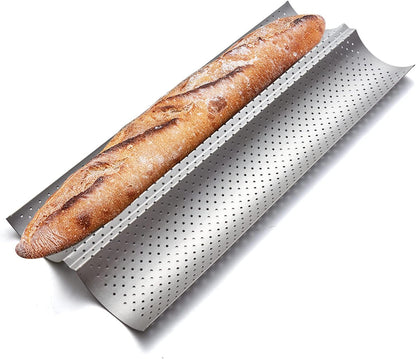 Nonstick Baguette Pans for French Bread Baking, Perforated 2 Loaves Baguettes Bakery Tray, 15" X 6.3", Silver1