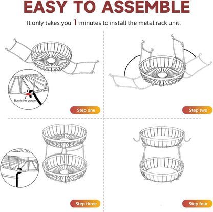 2 Tier Large Fruit Bowl for Kitchen Counter with 2 Banana Hangers | Sturdy Metal Basket for Fruit, Bread & Onions, Modern Wire Fits Various Styles, Includes Food-Safe Mats to Keep Produce Fresh6