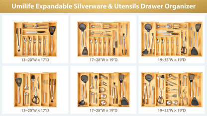 Large Expandable Kitchen Silverware Utensils Drawer Organizer, 2.5" Extra High Adjustable Drawer Divider with Curved Grooves, Bamboo Wood Cutlery Tray Flatware Holder7