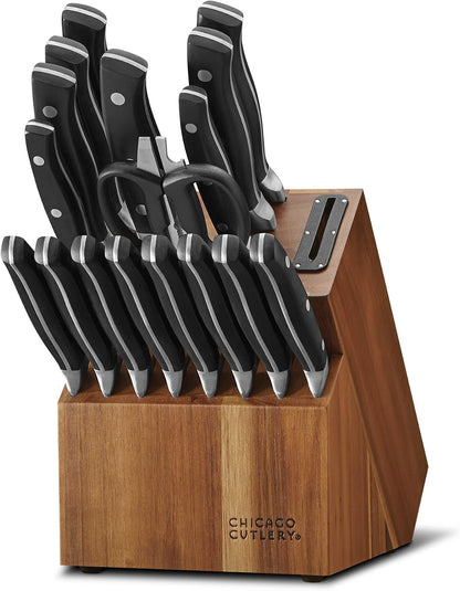 Insignia Triple Rivet Poly (18-PC) Kitchen Knife Block Set with Wooden Block & Built-In Sharpener, Black Ergonomic Handles and Sharp Stainless Steel Professional Chef Knife Set1