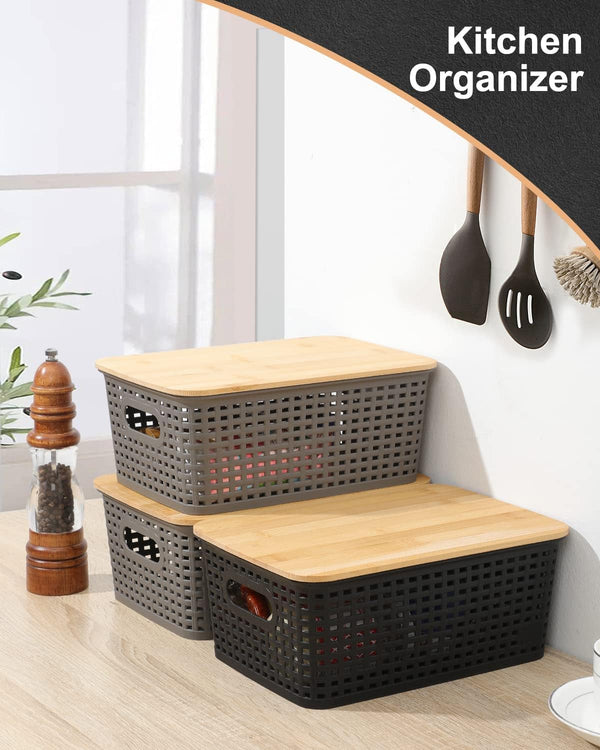 Storage Bins with Bamboo Lids Set of 6 Lidded Storage Container Plastic Baskets Organizer Bins for Organizing Kithen Room Bedroom Office Closet, Sturdy(Black)6