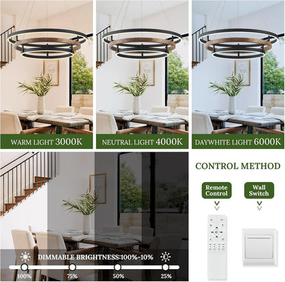 3 Ring LED Chandelier Modern Chandeliers Walnut Wood Black Dimmable 24''7