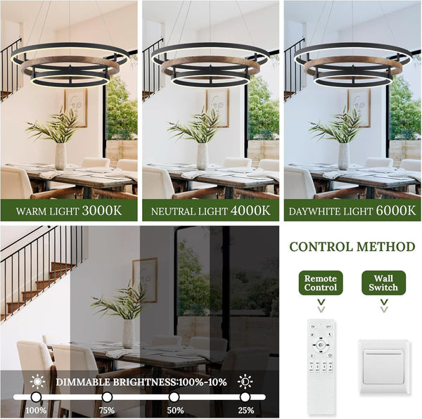 3 Ring LED Chandelier Modern Chandeliers Walnut Wood Black Dimmable 24''7