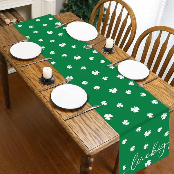 St. Patrick'S Day Linen Table Runner Valentine'S Day Table Runner Red Love and Green Lucky Shamrock Tables Decoration for Dinning Kitchen Home Party Decoration Supplies (13 X 72Inch)7
