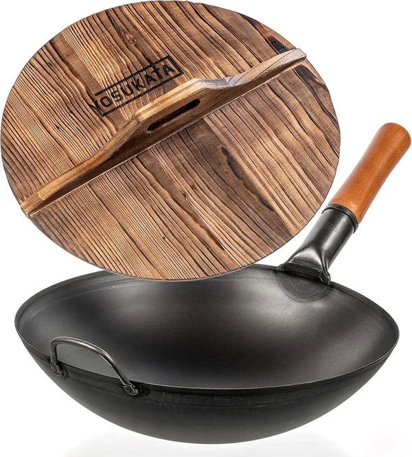 Carbon Steel Wok Pan 14 in + Premium Wok Cover 14 Inch Pan Lid - Wooden Lid 14 in with Ergonomic Handle1