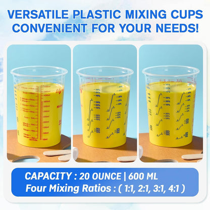 50 Pack Plastic Mixing Cups, 20 Oz Measuring Cups with 50 Mixing Sticks2