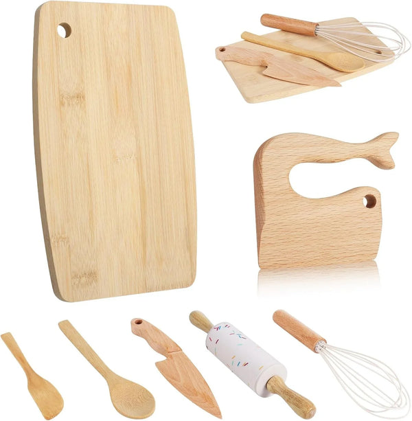 7 Pieces Wooden Kids Knife Toddler Knife Set | Toddler Cutting Board and Knife, Real Cooking Kitchen Tools Toddlers for Cutting Veggies Fruits Salad Cake1