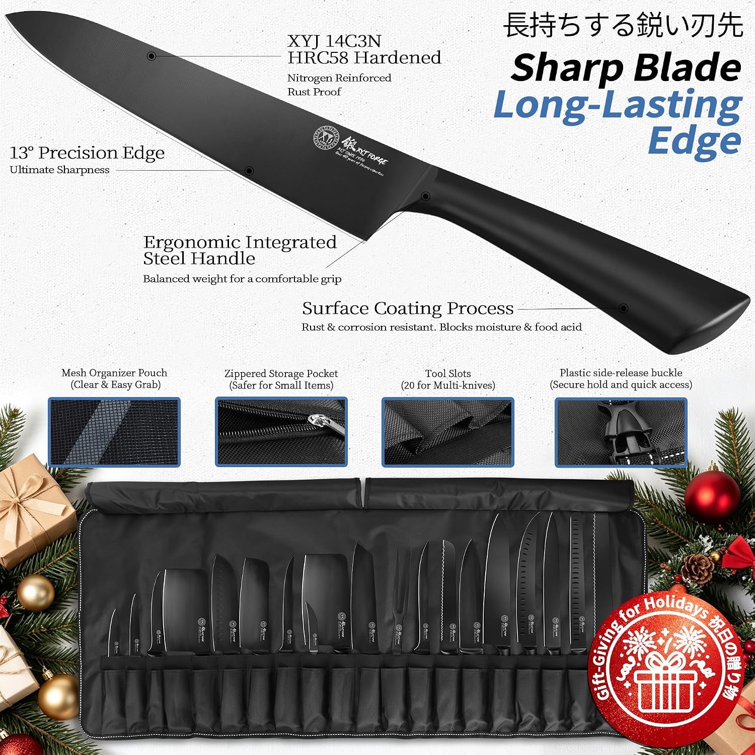 19-piece-black-kitchen-knife-set-oxide-blackened-stainless-steel-blades-hollow-metal-horseshoe-handles-professional-chef-knives-with-gift-box-included-acacia-wood-cutting-board-20-slot-oxford-cloth-knife-roll-bag-lightweight-and-well-balanced-non-slip-grip