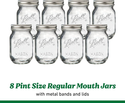 Regular Mouth Pint 16Oz. Glass Mason Jar with Lids and Bands, 8 Count8