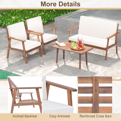 4 Piece Outdoor Conversation Set, Acacia Wood Sofa Set with Soft Seat & Back Cushions, Rectangle Coffee Table Patio Wood Furniture Set for Backyard, Poolside, Garden (1, off White)8