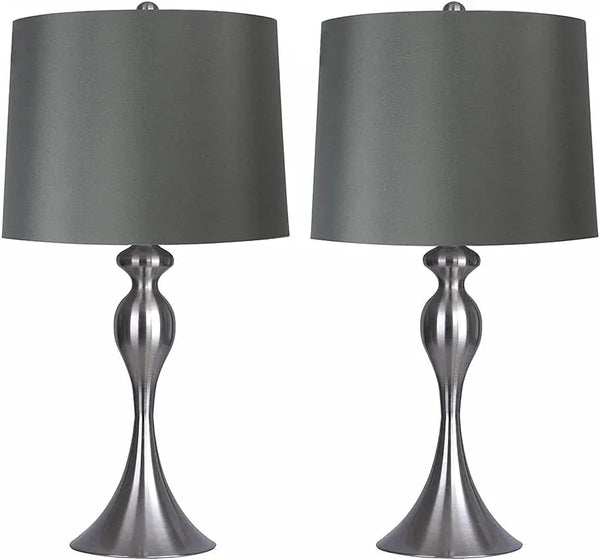 Table Lamps with Dark Grey Lamp Shade, Set of 2 - Brushed Nickel Body with Grey Linen Shade, 26.5" Table Lamps for Bedrooms, Dressers, Buffets and More - ST90215FQ-(W)1