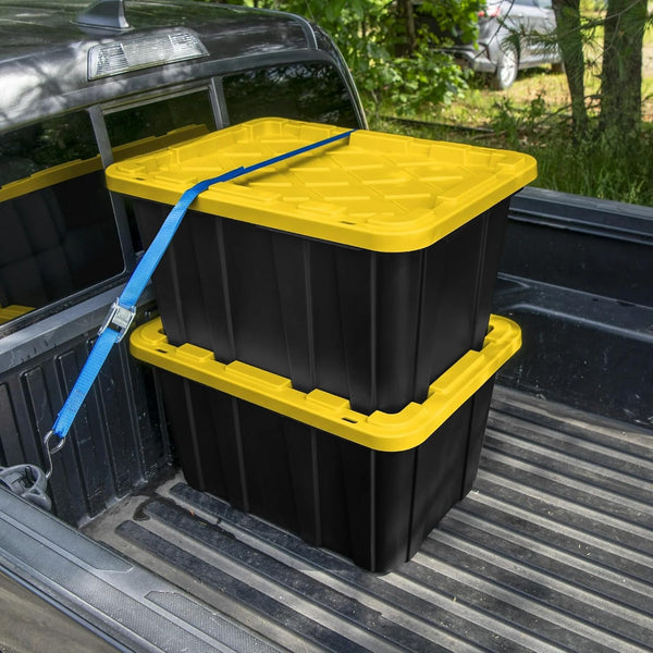 6-Pack 27-Gallon Industrial Totes - Rugged Black & Yellow Plastic Storage Bins with Secure Snap-On Lids, Stackable Design for Garage, Warehouse or Workshop Organization3