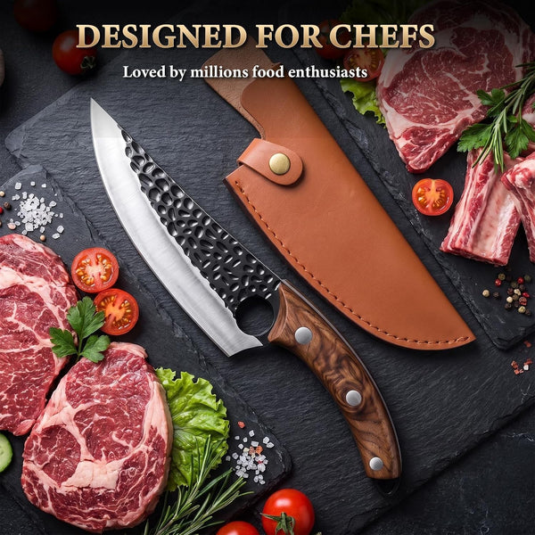 7" Chef Knife, Hand Forged Butcher Knives with Sheath, High Carbon Steel Japanese Knife Meat Cleaver Knife for Kitchen Meat Cutting, Viking Style Knives for Camping, Hunting, BBQ, Gifts for Men5