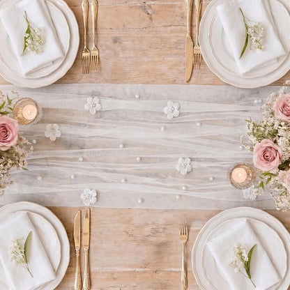 Flower Pearl White Gauze Table Runner 10FT, Seasonal Sheer Dining Holiday Wedding Birthday Baby Shower Table Decor for Home Party6
