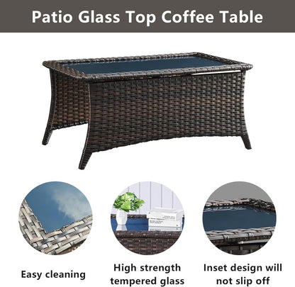 Wicker Outdoor Furniture Patio Furniture Set - 6 Piece Patio Conversation Set with Swivel Rocker Chairs, Rattan Sofa, Ottomans and Coffee Table, Blue Cushion9