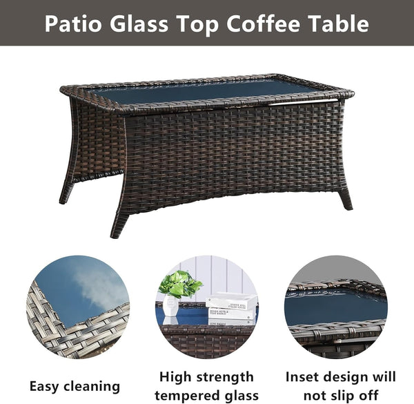 Wicker Outdoor Furniture Patio Furniture Set - 6 Piece Patio Conversation Set with Swivel Rocker Chairs, Rattan Sofa, Ottomans and Coffee Table, Blue Cushion9