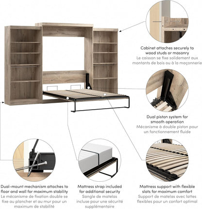 Queen Murphy Bed with 2 Shelving Units, Rustic Brown, Pur, 137W9