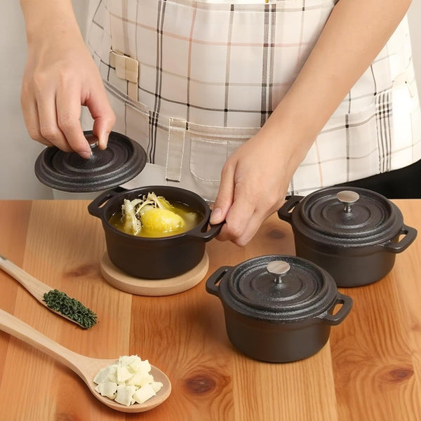 6 Pcs Mini Dutch Oven with Lids and Dual Handles round Small Iron Cocotte Pot Black Cast Iron Pot for Marinate Bake Refrigerate Cook Grill Garlic Roaster BBQ Stovetop Use (8 Oz)7