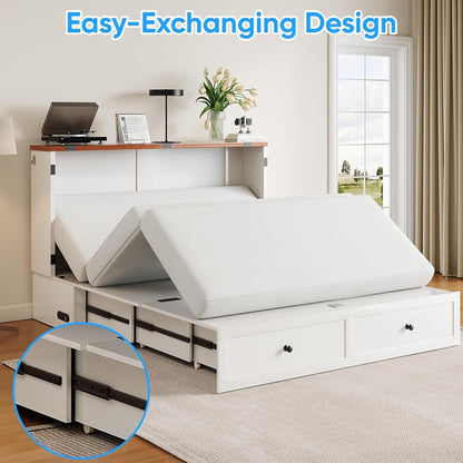 Murphy Bed Queen with Mattress Included, Farmhouse Frame Cabinet Beds Chest with Charging Station & Storage Drawers, Convertible Hideaway Cabinet Bed for Guest Room, White6