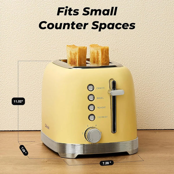 Toaster 2 Slice Retro Stainless Steel, Yellow | 1.5” Extra Wide Slots with Bagel, Defrost, Reheat, Cancel Functions, 6 Bread Shade Settings, Removable Crumb Tray8