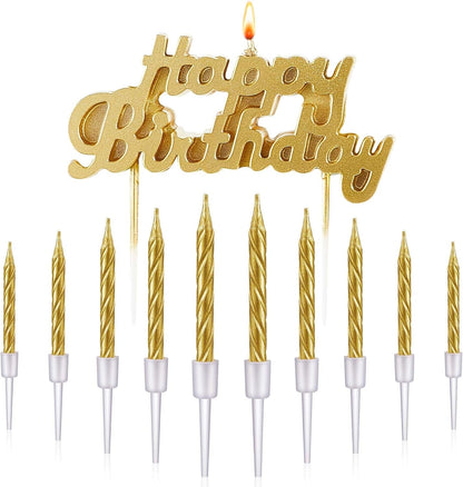 Gold Happy Birthday Candle Cake Topper, 10 Spiral Candles1