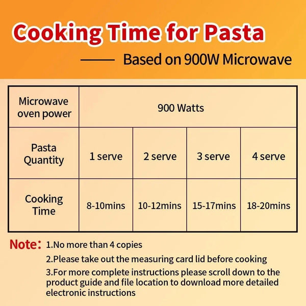 Cooking time chart for pasta based on 900W microwave oven power for 1 to 4 servings.7