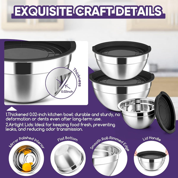 Stainless Steel Mixing Bowls with Lids Set of 3, 1.5/3/4.6Qt, Black5