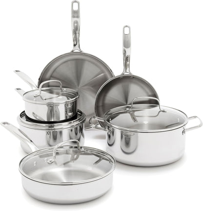 Pro Steel 10 Piece Tri-Ply Stainless Steel Cookware Set | Multi Clad Pots & Pans, Induction & All Stovetop Suitable, Mirror Polished Finish, Dishwasher Safe, Oven Safe to 850F, Silver1