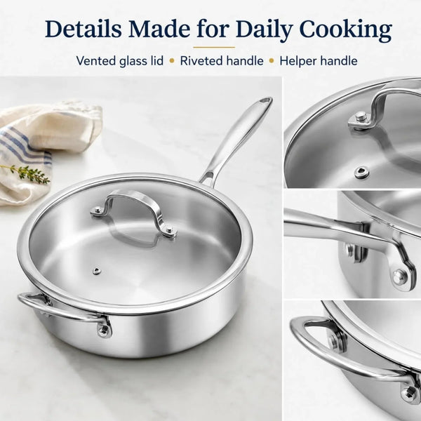 11 Inch Tri-Ply Stainless Steel Saute Pan with Glass Lid, 4.7 QT Deep Skillet for 3–4 Servings, 18/10 304 Interior, Induction Compatible, Oven & Dishwasher Safe6