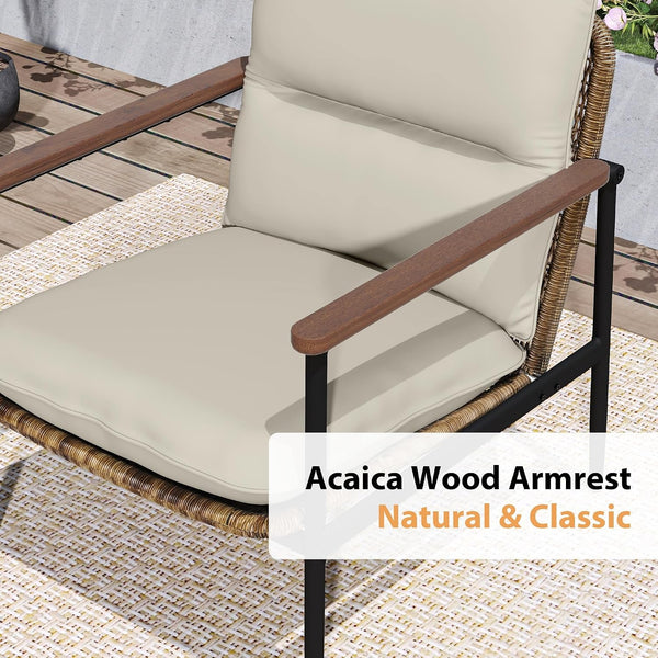 4-Piece Outdoor Furniture Set, Aluminum Patio Converation Set with Wicker Seat and Acacia Wood Armrest, Loveseat Sofa Set with Olefin Cushion and Wood Table for Garden Lawn Backyard5