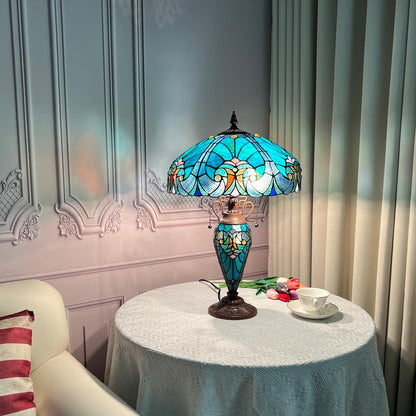 Tiffany Lamp 16" Cyan Green Stained Glass Table Lamp for Living Room | 3-Lights Victorian Style Turquoise Nightstand Bedside Desk Lamp with Nightlight for Bedroom Office W16" X H23"4