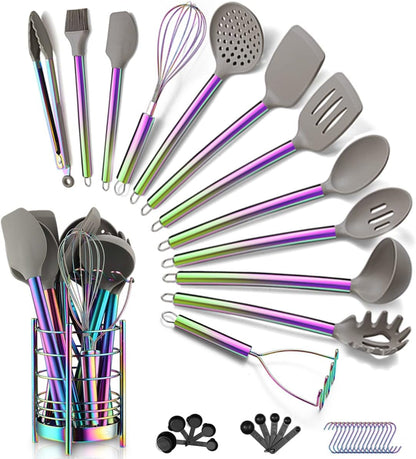 38 Piece Silicone Kitchen Cooking Utensils Set with Utensil Crocks, Silicone Head and Stainless Steel Handle Cookware, Kitchen Tools for Utensil Set, Non-Stick Kitchen Gadgets,Dishwasher Safe(Rainbow)1