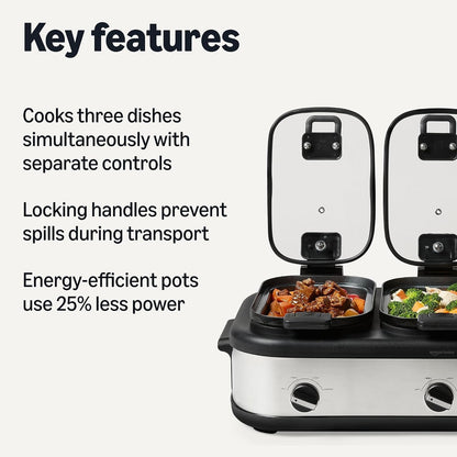 Triple Slow Cooker with Ceramic Nonstick Coating, Individual Temperature Controls Crock Pot for Parties and Events, Locking Handles, Glass Lids, 3 X 2.5 Quarts, Stainless Steel2