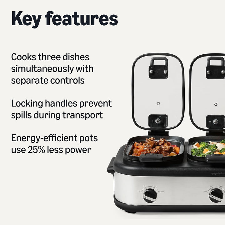 Triple Slow Cooker with Ceramic Nonstick Coating, Individual Temperature Controls Crock Pot for Parties and Events, Locking Handles, Glass Lids, 3 X 2.5 Quarts, Stainless Steel+2