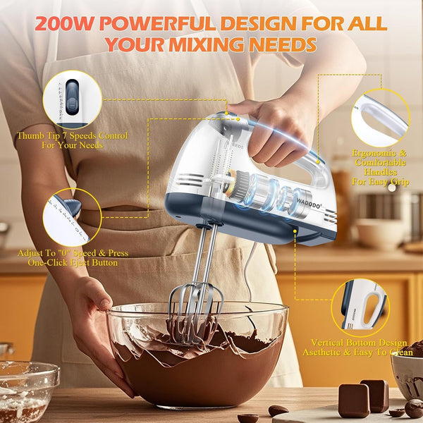 7-Speed Electric Hand Mixer – Portable Food Mixer Kitchen Mixer with 304 *(1X Whisk, 2X Beater, 2X Dough Hook) for Baking Cakes, Cream, Cookies, WHITE3
