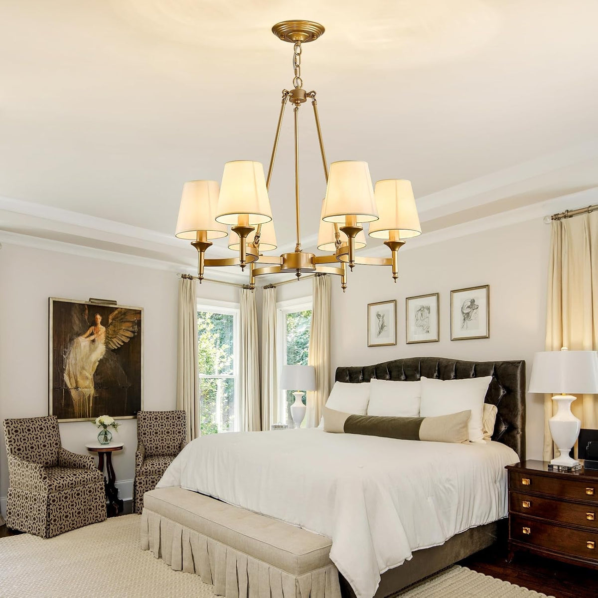 gold-wagon-wheel-chandelier-with-white-linen-shade-6-light-industrial-ceiling-light-fixture-26-8inch-large-farmhouse-hanging-pendant-light-for-dining-living-room-kitchen-bedroom-entryway-foyer