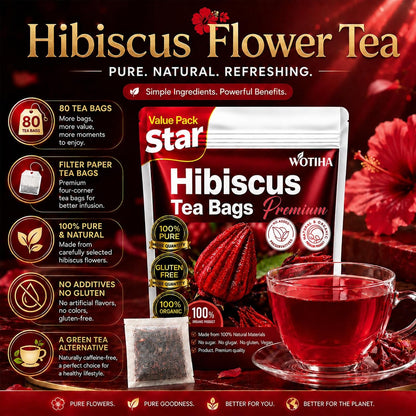 Premium 80 Hibiscus Flower Tea Bags (Flor De Jamaica) - 100% Natural, Tart & Refreshing, Hot or Ice Tea - Rich in Antioxidants, Sugar-Free Caffeine-Free Non-Gmo Vegan Gluten-Free.2