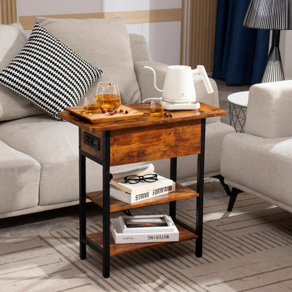 End Table with Charging Station, Flip Top Side Table with USB Ports and Outlets, Sofa Couch Table Bedside Table for Living Room Bedroom, Narrow Nightstand with Storage Shelves for Small Space10