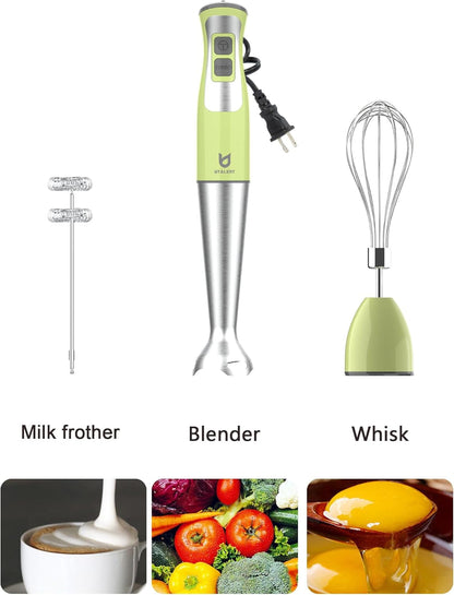 3-In-1 Immersion Hand Blender - Puree Food, Smoothies and Soups | 8-Speed Handheld Blender, Pure Copper Winding Motor, 5.2 Feet Power Cord, 4-Point Ice Crush SS Blade, Egg Whisk, Milk Frother3