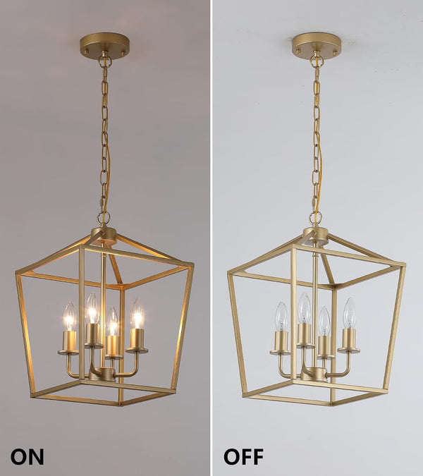 Industrial 4 Lights Chandelier, Gold Lantern Ceiling Light Fixtures with Rustic Metal Cage Adjustable Height Farmhouse Geometric Hanging Light for Kitchen Island, Dining Room, Entryway, UL Listed6