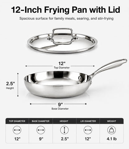 12 Inch Tri-Ply Stainless Steel Frying Pan with Lid | Large Induction Skillet, Non Toxic No Coating Chef'S Pan, Oven & Dishwasher Safe, All Cooktops Compatiable, Polish Silver6