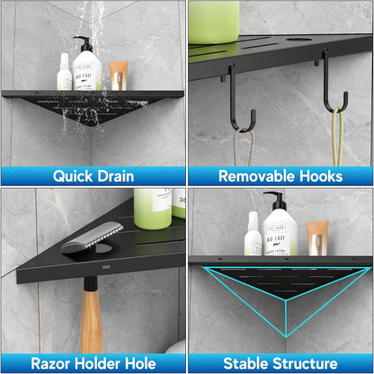 Corner Shower Shelves, 10" Matte Black 304 Stainless Steel Recessed Shelf for Bathroom，Grout in Shelf with Hooks for Tiled Wall 2 Pack (Black)4